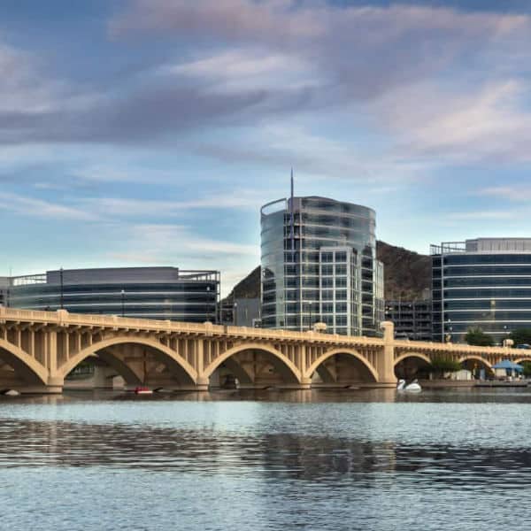 Tempe Town Lake with bridge and buildings in the background