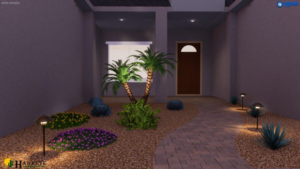 3D Design front entrance with stone walkway by Hawkeye Custom Landscaping