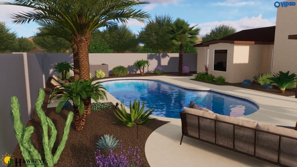 3D Design of backyard landscaping around pool by Hawkeye Custom Landscaping