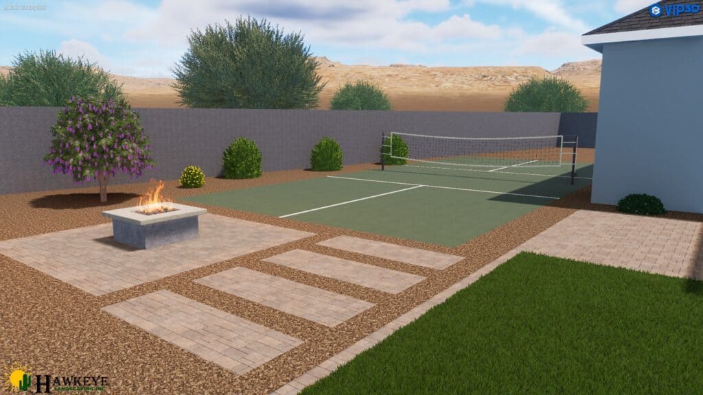 3D Design of backyard with tennis court and firepit by Hawkeye Custom Landscaping