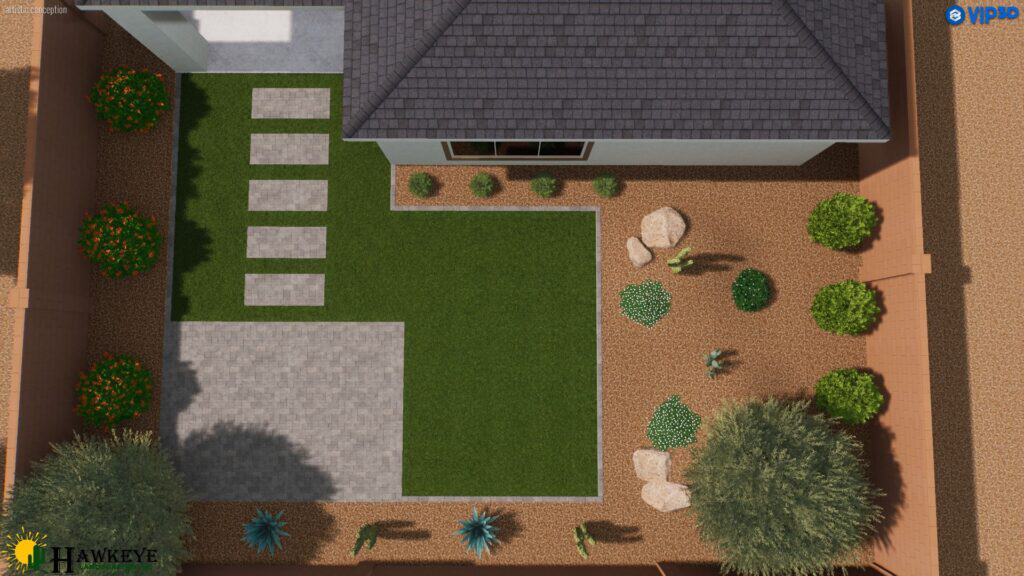 Aerial 3D Design of desert landscaped backyard by Hawkeye Custom Landscaping