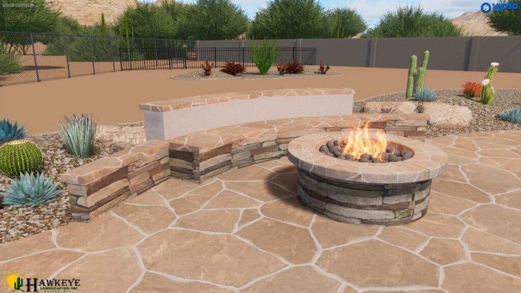 3D design of desert landscaped backyard with firepit by Hawkeye Custom Landscaping