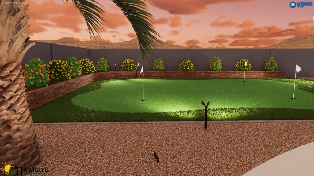 3D design of backyard with putting green by Hawkeye Custom Landscaping