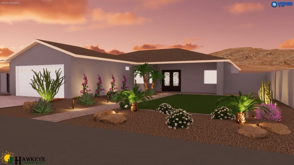 3D Design of beautifully designed front landscaping by Hawkeye Custom Landscaping