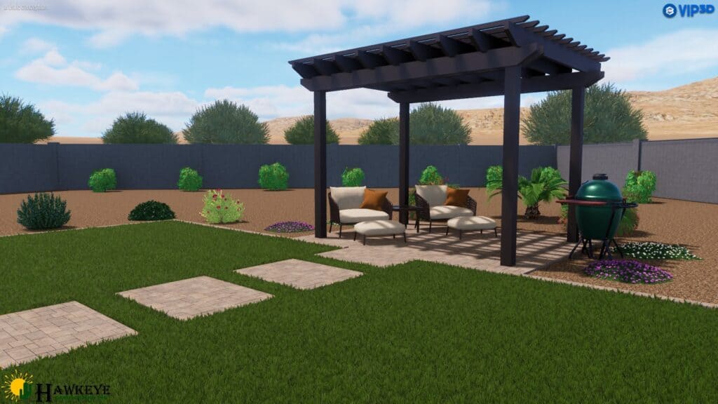 3D design of backyard with grass, pavers, pergola, rock and plants by Hawkeye Custom Landscaping