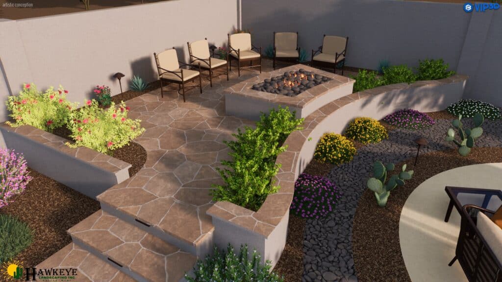 3D Design of back yard with stone and entertainment area with firepit and seating area by Hawkeye Custom Landscaping