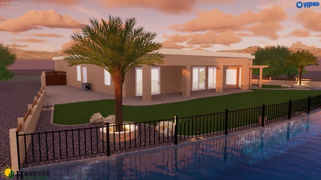 3D design of backyard viewed through metal fence with grass, rock and well lit palm by Hawkeye Custom Landscaping